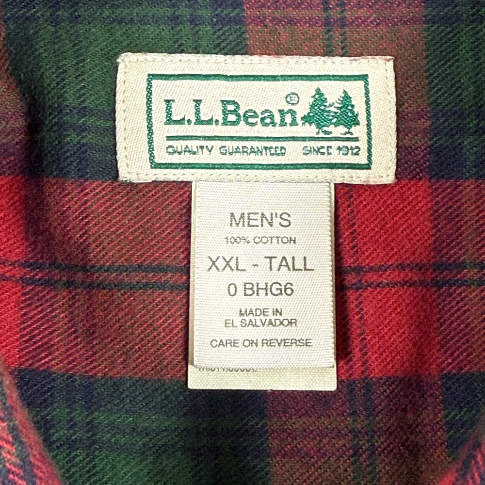 LL Bean Flannel XXL Tall Red Green Plaid Shirt Long Sleeve Button Down Men's - Picture 5 of 9